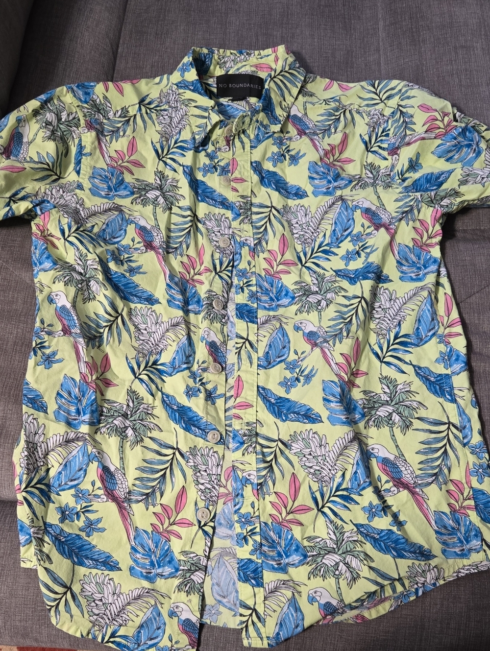 No Boundaries Lime Tropical Parrot Print Button-Up Shirt